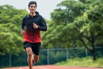 Fototapeta premium A man is running on a track with a black and red jacket. The jacket has a red stripe on the sleeve