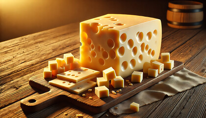 Un d&eacute;licieux fromage suisse avec des trous, joliment &eacute;clair&eacute;, pos&eacute; sur une table en bois