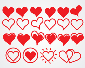 Hand Drawn Hearts, Collection of red heart vector icons