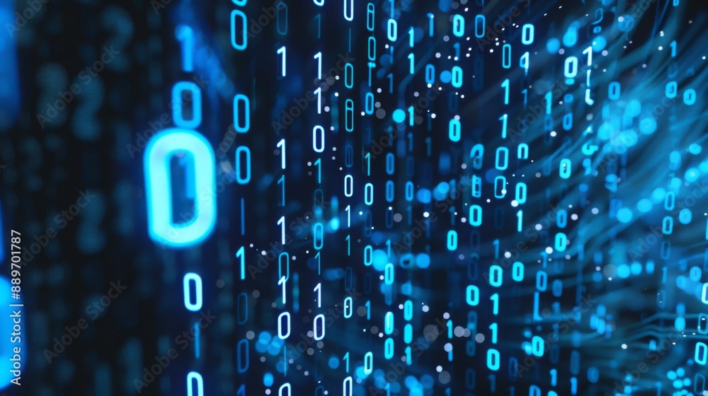 Poster A close-up view of a digital binary code stream, with glowing blue 1s and 0s cascading down a black background.