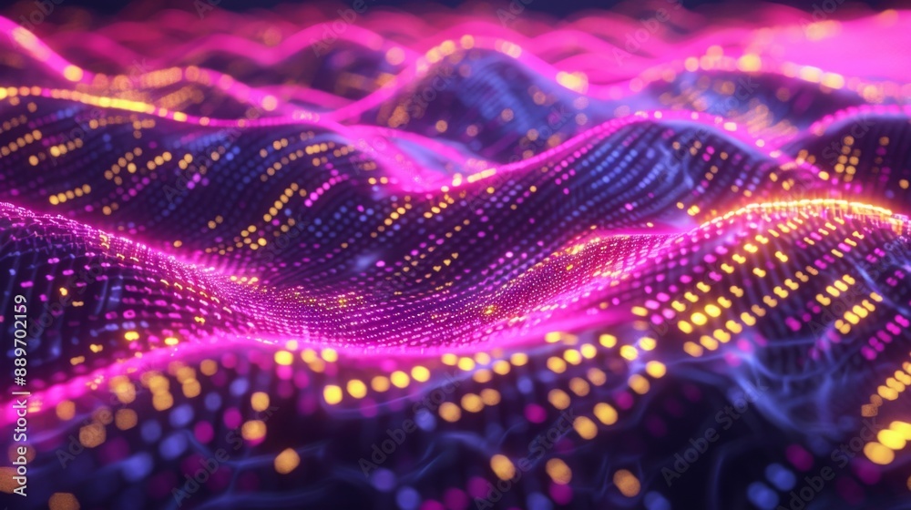 Aufkleber a digital landscape composed of flowing purple and yellow lights that create a sense of depth and mo