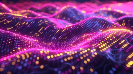 A digital landscape composed of flowing purple and yellow lights that create a sense of depth and movement.