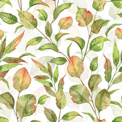 Seamless pattern design with watercolor realistic autumn leaves. Herbarium and green plants wallpapers for scrapbooking, wrapping paper, textile