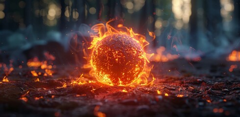 Fiery Orb Burning Brightly on a Forest Floor