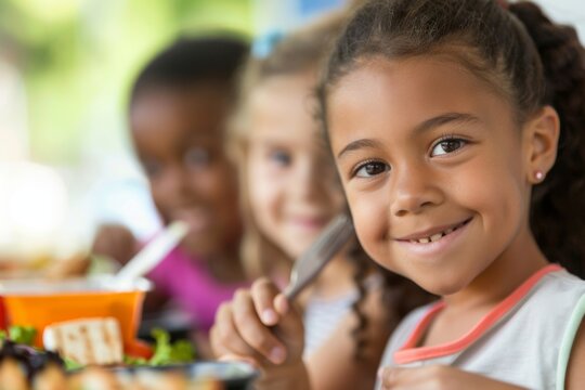 Children enjoying healthy lunch at school. - Powered by Adobe