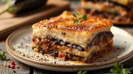 Moussaka with eggplant and parmesan on a white plate, close-up side view, in the style of a rustic style kitchen background, warm light from the right