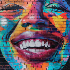 The woman's smile in graffiti style on a brick wall in vibrant colors