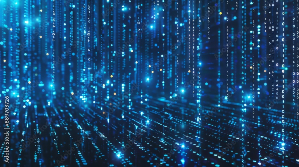 Poster A dark blue background with digital binary code falling like rain, creating an abstract pattern of light and dark.