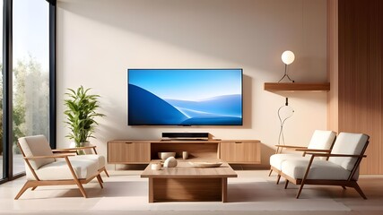 Blank TV screen in a modern living room with wooden furniture and plants, daylight ambiance, interior design concept