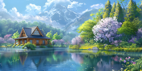 Fototapeta premium Mountain lake house surrounded by the vibrant colors of spring blossoms in full bloom. Landscape cartoon illustration.