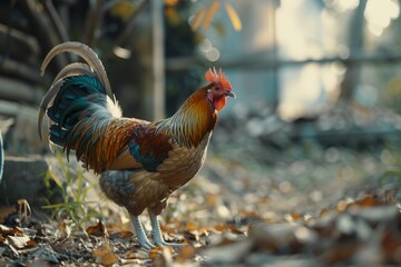 A close-up of a Yokohama chicken with its long tail feathers, foraging in a farmyard.