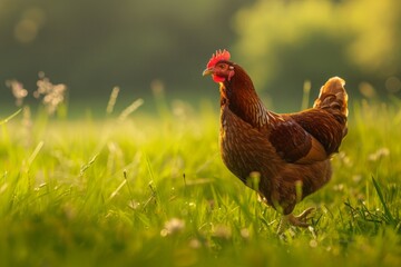 Fototapeta premium A detailed shot of a Welsummer hen with its rich, reddish-brown plumage, in a sunlit pasture.
