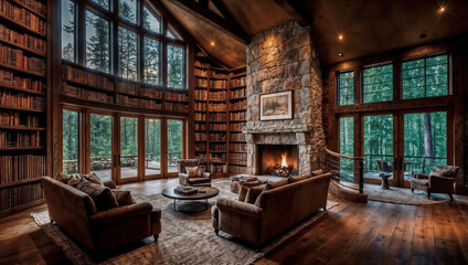 Naklejka premium Luxury rustic retreat cabin lodge, large living room area with rug, sofas, bookshelves and stone fireplace, room with cozy warm atmosphere, brown colours, weekend cabin in the forest