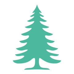 A simple, stylized silhouette of a pine tree in a teal color, featuring a triangular shape with layered branches and a wide trunk. The background is plain and white