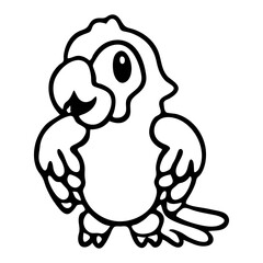 A cartoon-style parrot with a round body, large eyes, and a playful expression. The parrot has a small beak, short wings, and a long tail. The outline is bold and black, with no color filled in. 