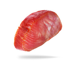 Piece of cold smoked tuna close up on a white background