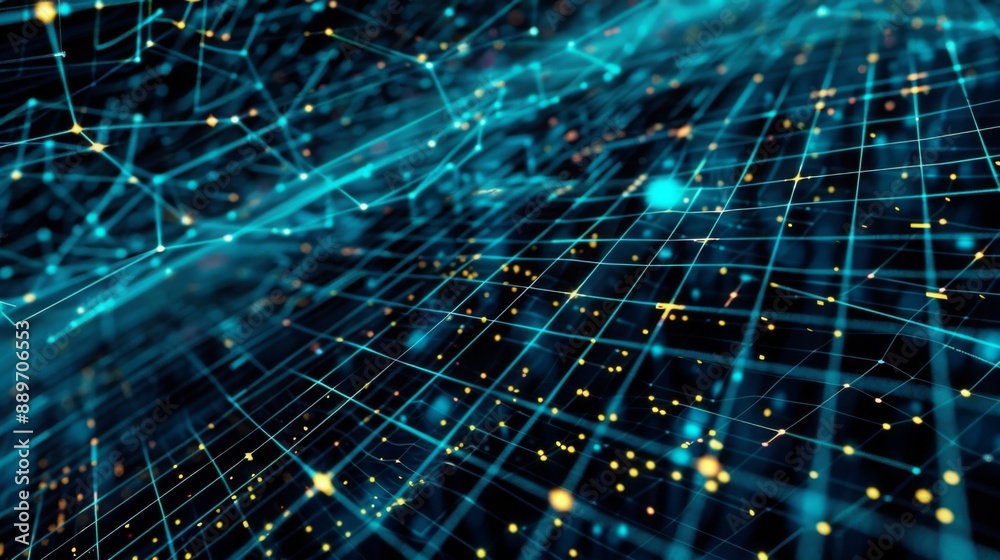 Poster A digital illustration of a complex network with blue and yellow lines connecting dots in a dark background.