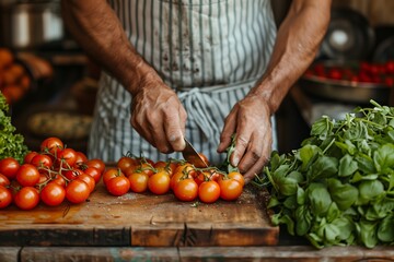 Chef Preparing Fresh Tomatoes and Greens for a Meal