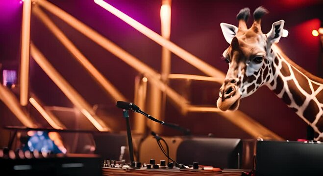 DJ giraffe in a nightclub.