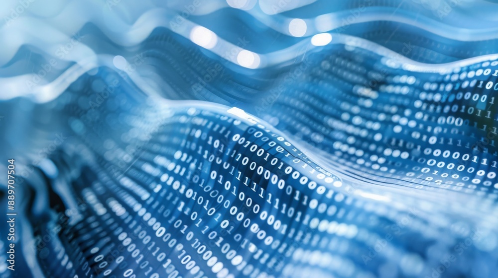 Poster Binary code forms abstract waves in shades of blue.