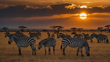 Fototapeta premium Serengeti Sunset Zebra Silhouetted Against African Sky