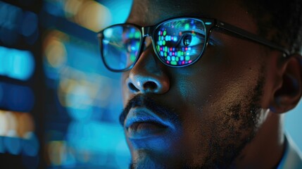 A suited professional looks straight into the lens, with glasses and a tie