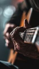 Fototapeta premium Close-Up of Guitarist's Hands Playing Acoustic Guitar Chords - Ideal for Music and Performance Themes