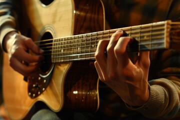 Obraz premium Close-Up of Musician Playing Acoustic Guitar With Shimmering Wooden Body in Studio Lighting