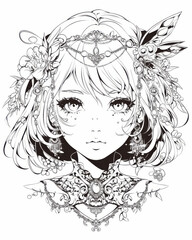 Beautiful anime girl, Black and white vector art, mandala coloring book page.