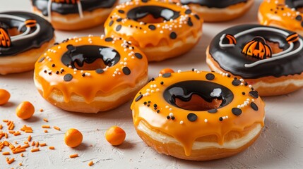 A batch of donuts with orange and black icing, decorated with candy pumpkins and sprinkles, high-resolution photo, realistic photo