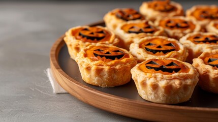 A batch of mini pumpkin pies with jack-o'-lantern faces, arranged on a festive platter, high-resolution photo, realistic photo
