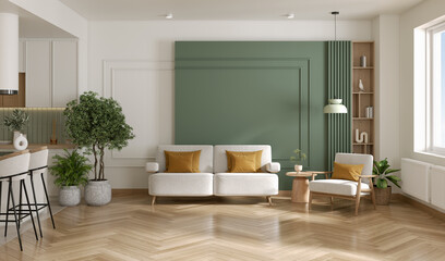 Minimal modern interior design ,cozy home ,,living room ,wood floor ,white wall , 3d render