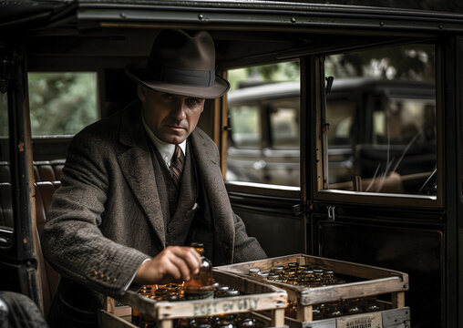 A 1920s bootlegger unloading crates of illegal liquor 