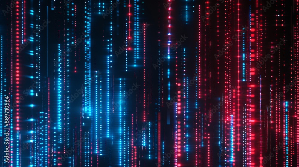 Aufkleber Digital rain falls in a dark environment, featuring vertical lines of blue and red lights. The lights glimmer and pulse, creating a vibrant and dynamic visual effect.