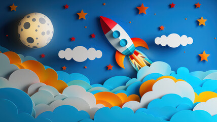 Cute Rocket with Stars and Clouds