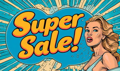 Blonde woman eagerly pointing to big Super Sale in comic pop art style