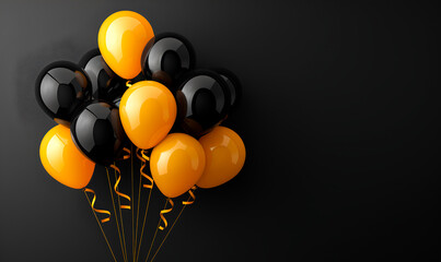 A bunch of black and orange balloons with golden ribbons against a black background
