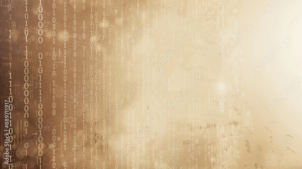 Poster A background image featuring a beige texture with a pattern of binary code in white.