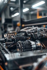 Fototapeta premium Detailed Close-Up of a High-Performance Sports Car Gear System in an Industrial Workshop