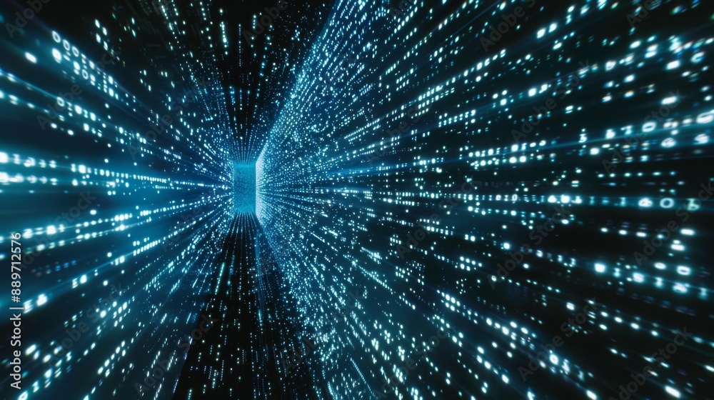 Poster A tunnel of light composed of glowing particles moves toward a bright, distant light source.