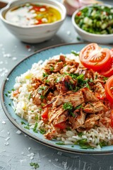 rice, green salad, and zaziki beside gyros