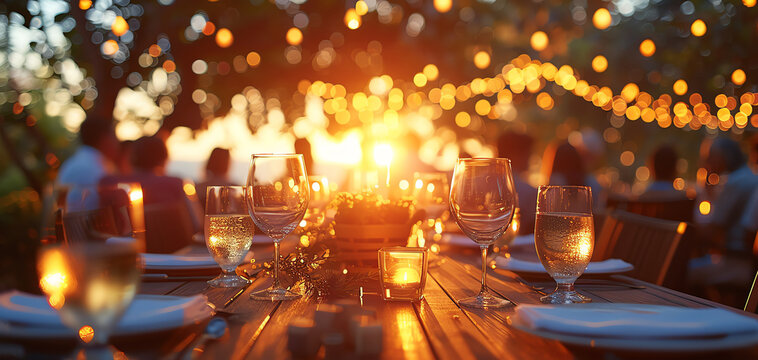 Beautiful outdoor dinner setting with string lights at sunset, featuring a warm atmosphere and elegant table arrangement.