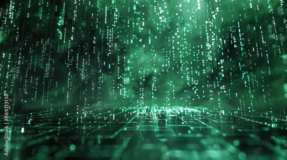 Poster Green glowing particles fall in a digital rain effect on a dark background with a glowing grid.