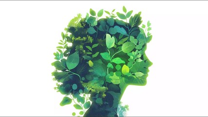 glowing illustration of a woman portrait with green leaves, 2d animated concept for earth day, plants for climate change - Powered by Adobe