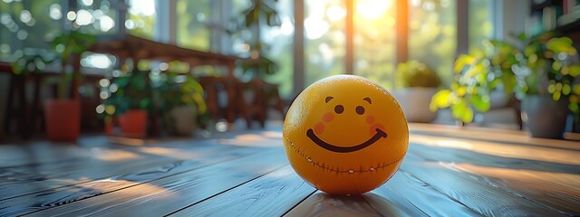  Positivity in the workplace with a yellow smiling smiley ball in the office interior, promoting a positive work environment 