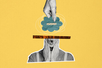 Creative trend collage of amazed female think cloud knowledge social media influencer opinion...