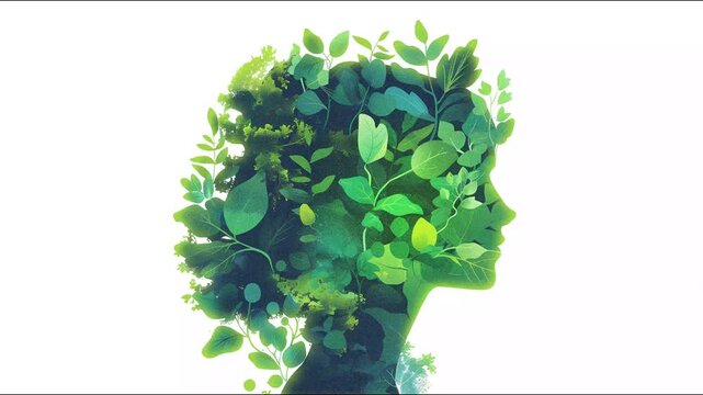 glowing illustration of a woman portrait with green leaves, 2d animated concept for earth day, plants for climate change