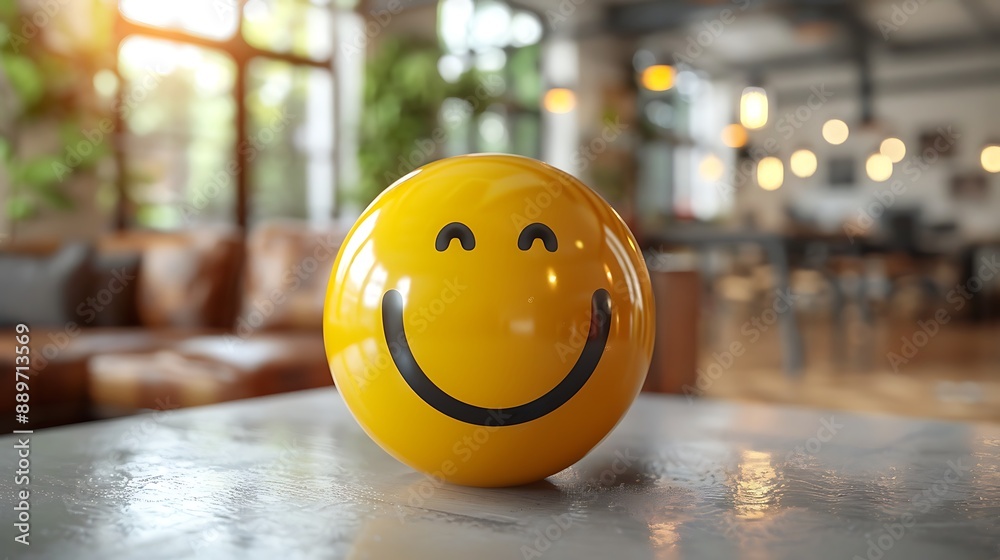 Wall mural positivity in the workplace with a yellow smiling smiley ball in the office interior, promoting a po