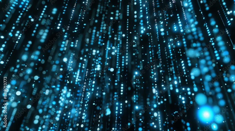 Poster Abstract blue binary code rain falling down a black background.