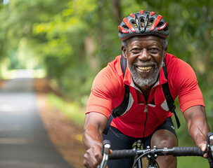 Naklejka premium Joyful Elderly Black Man Riding Bicycle in Park. active old age.